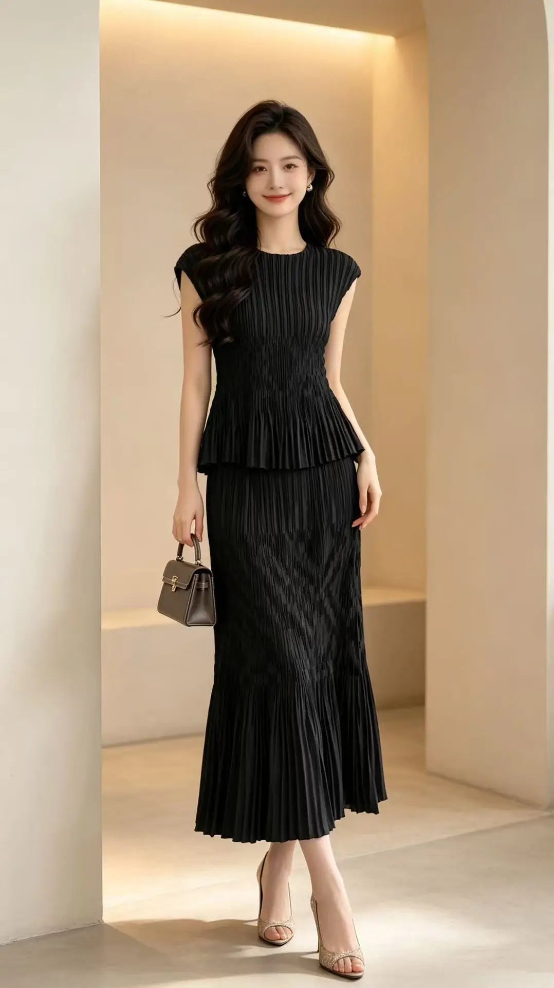 Miyake Japanese Ruffled Round Neck Elastic Waist dress
