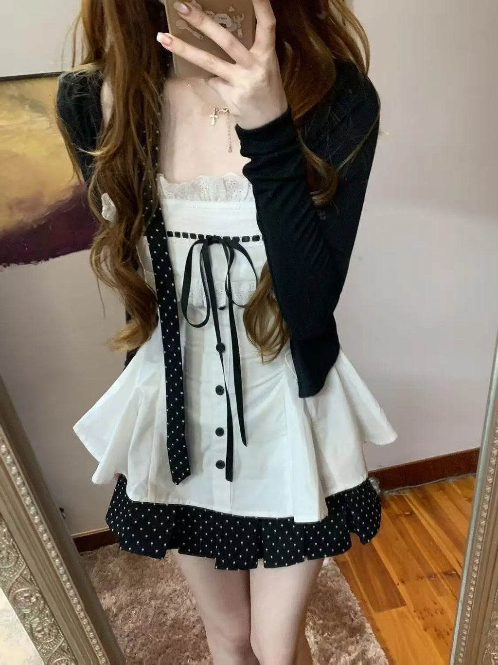 Cardigan Jacket + Lace Bow Camisole Top + Mini Skirt Sweet Three-piece Set