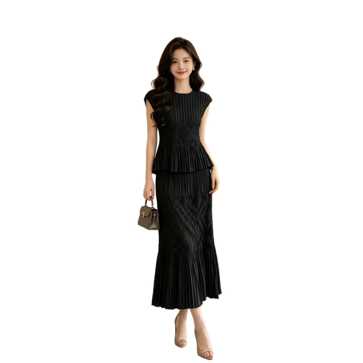 Miyake Japanese Ruffled Round Neck Elastic Waist dress
