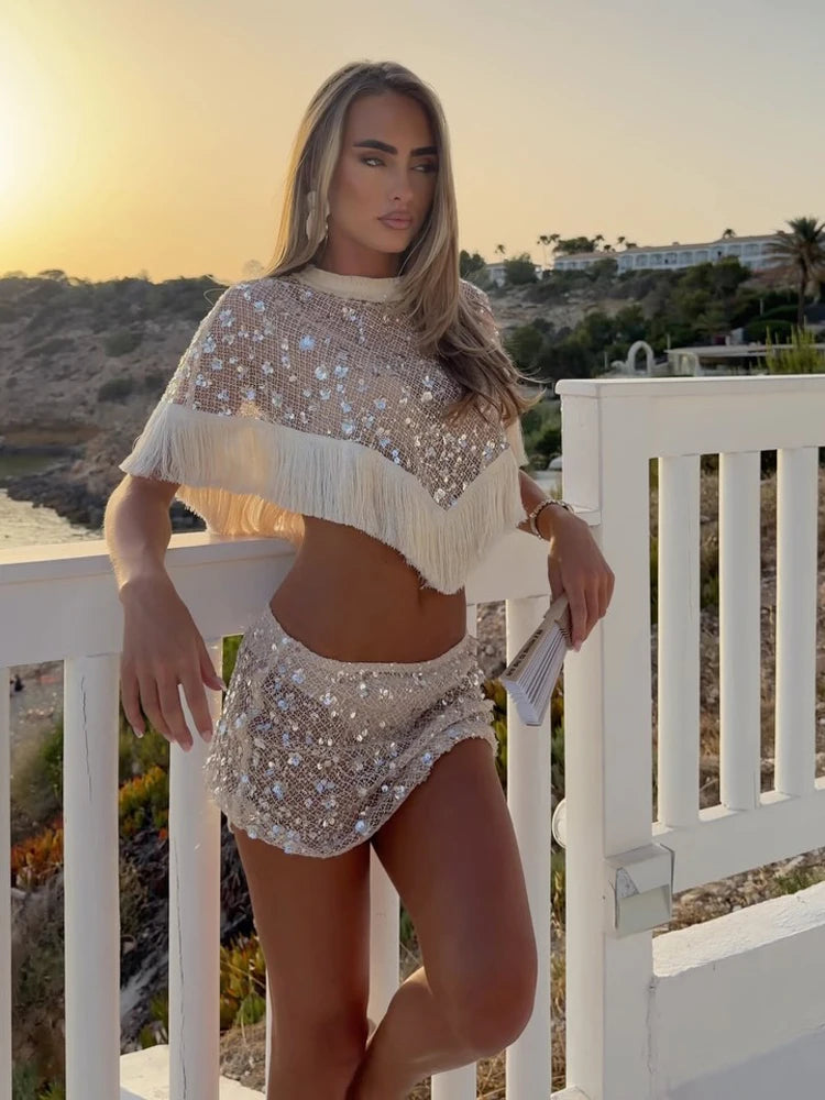 Sequin Tassel Mesh drawswing maxi
