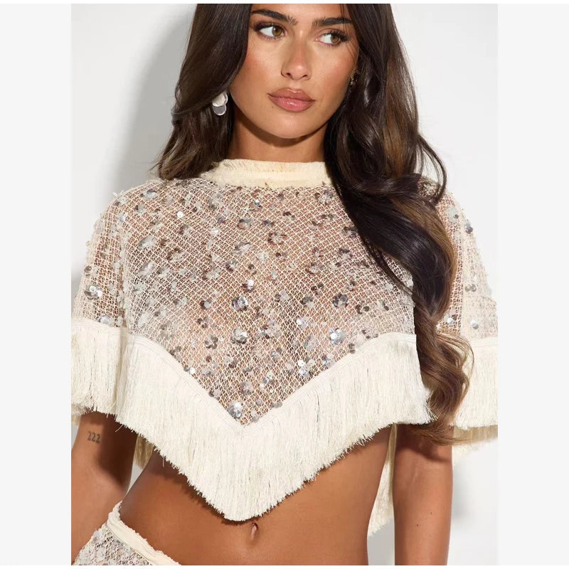 Sequin Tassel Mesh drawswing maxi