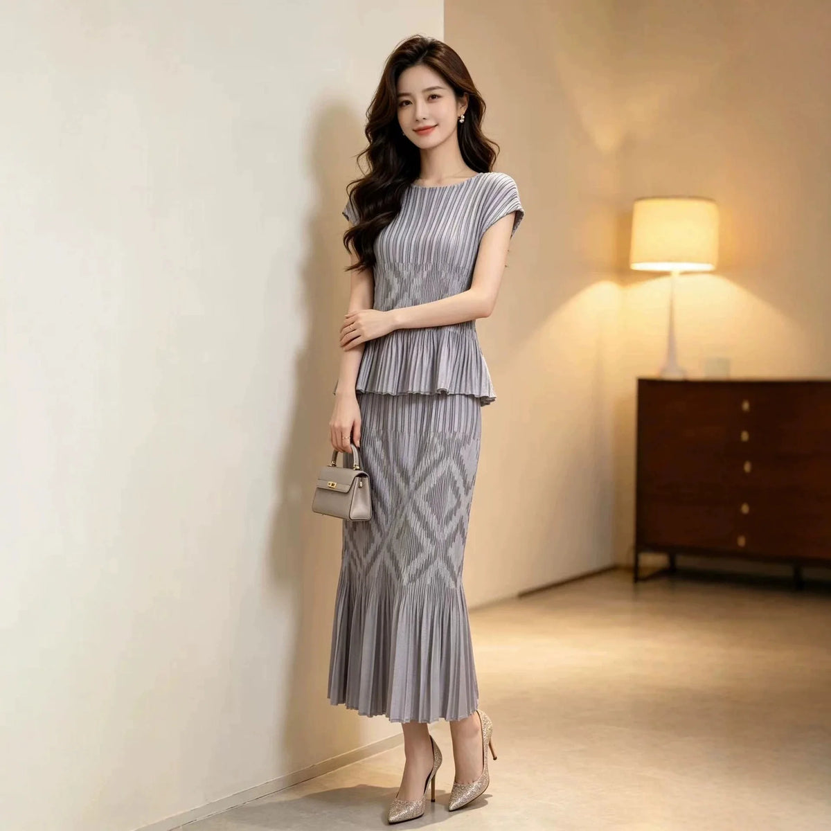 Miyake Japanese Ruffled Round Neck Elastic Waist dress