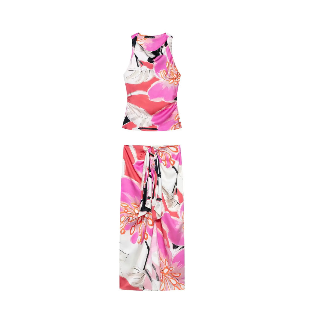 Women's Satin Printed Midi Skirt with Elastic Waist
