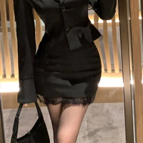 Women's Lace Splice Blazer & Mini Skirt Two-Piece Set