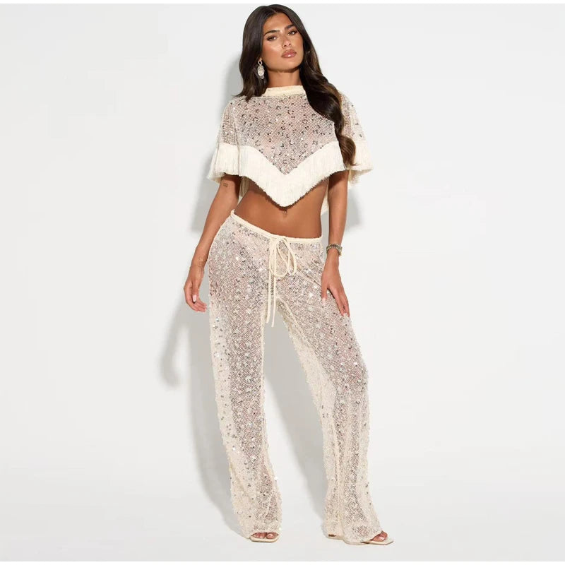 Sequin Tassel Mesh drawswing maxi