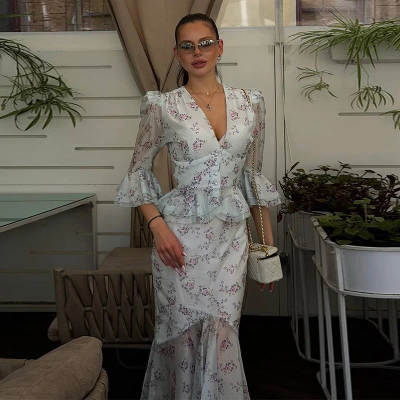 Floral peplum chiffon maxi