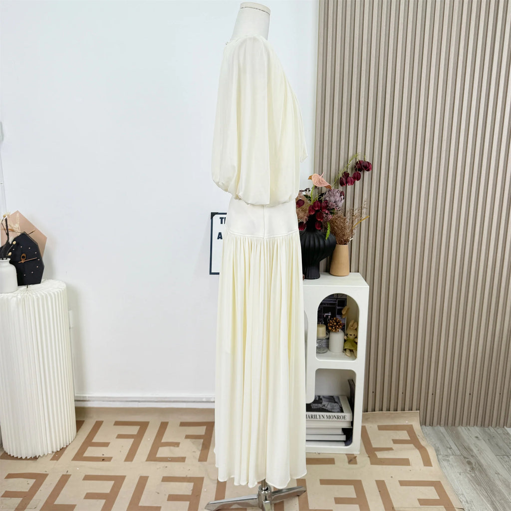 Women's Puff Sleeve O-Neck Top & Ankle-Length Skirt Two-Piece Set