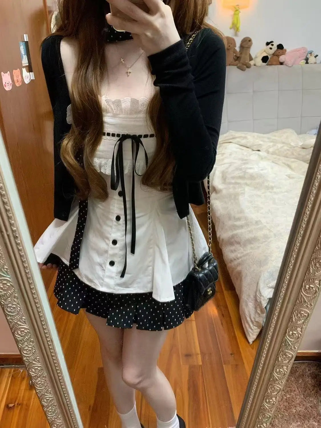 Cardigan Jacket + Lace Bow Camisole Top + Mini Skirt Sweet Three-piece Set