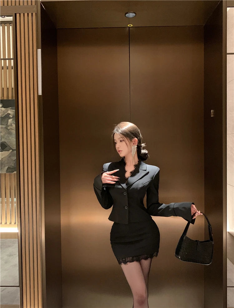 Women's Lace Splice Blazer & Mini Skirt Two-Piece Set
