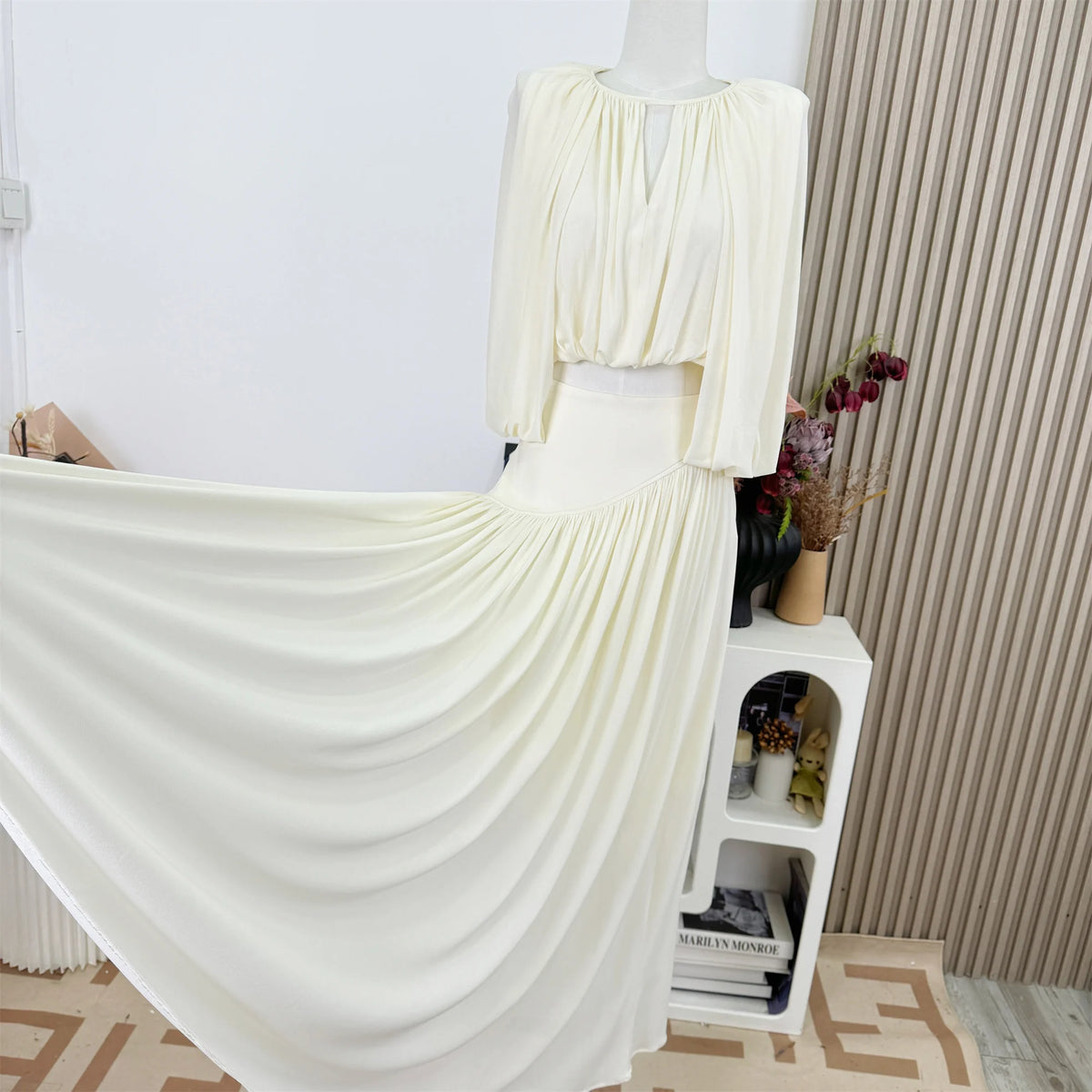 Women's Puff Sleeve O-Neck Top & Ankle-Length Skirt Two-Piece Set