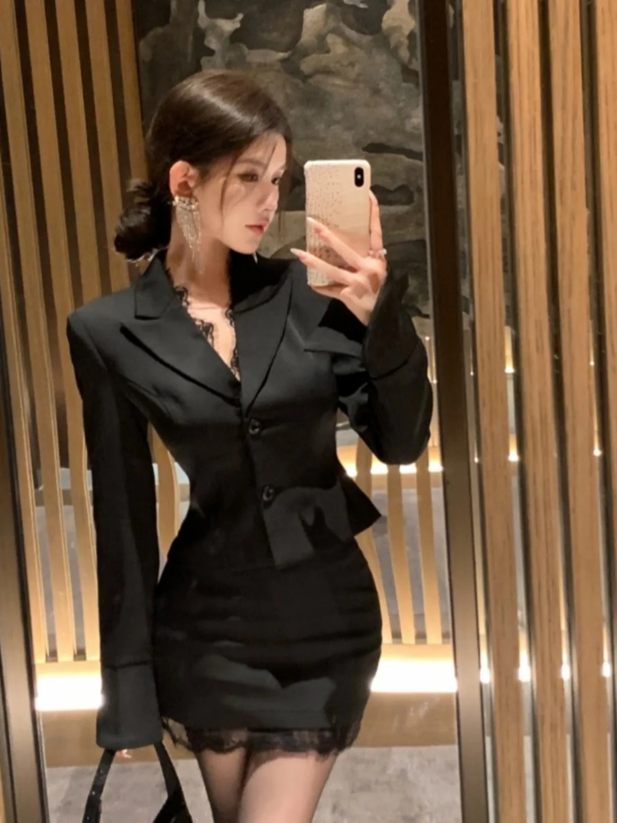 Women's Lace Splice Blazer & Mini Skirt Two-Piece Set