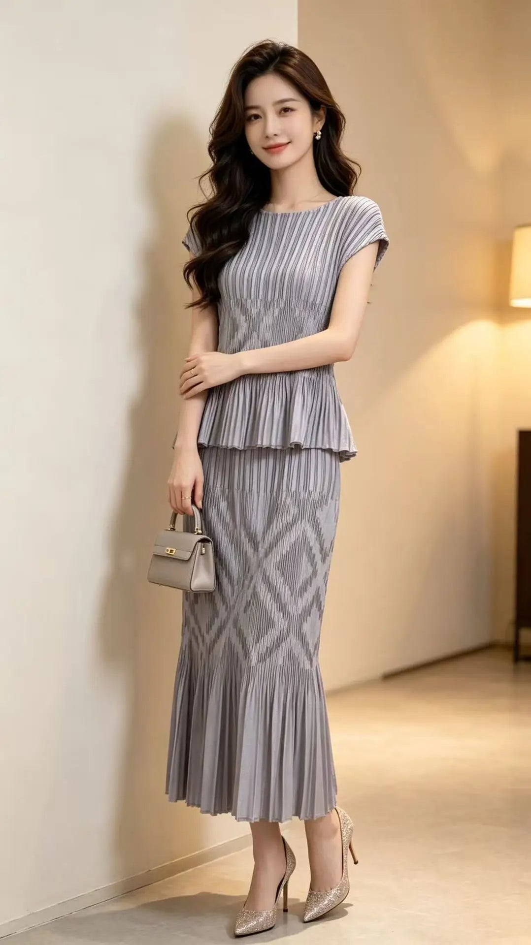 Miyake Japanese Ruffled Round Neck Elastic Waist dress