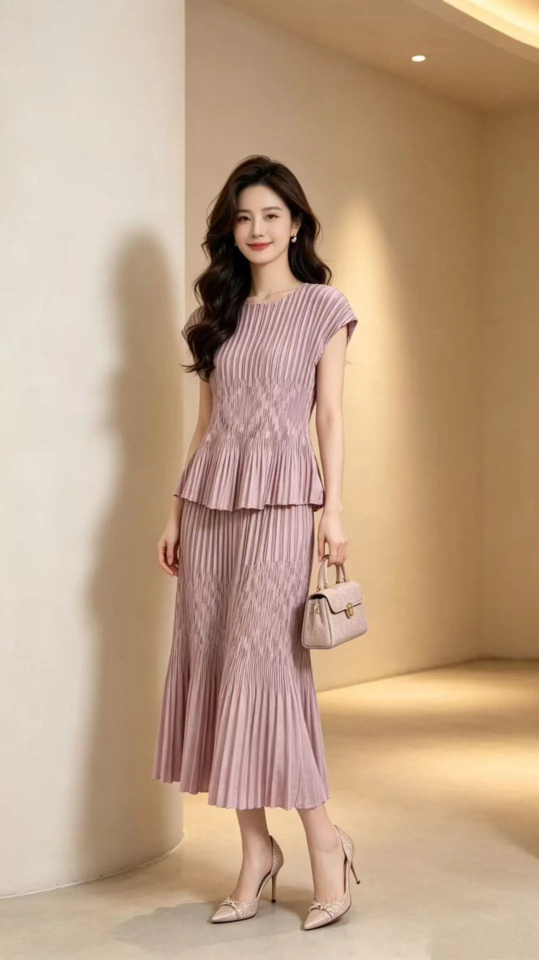Miyake Japanese Ruffled Round Neck Elastic Waist dress