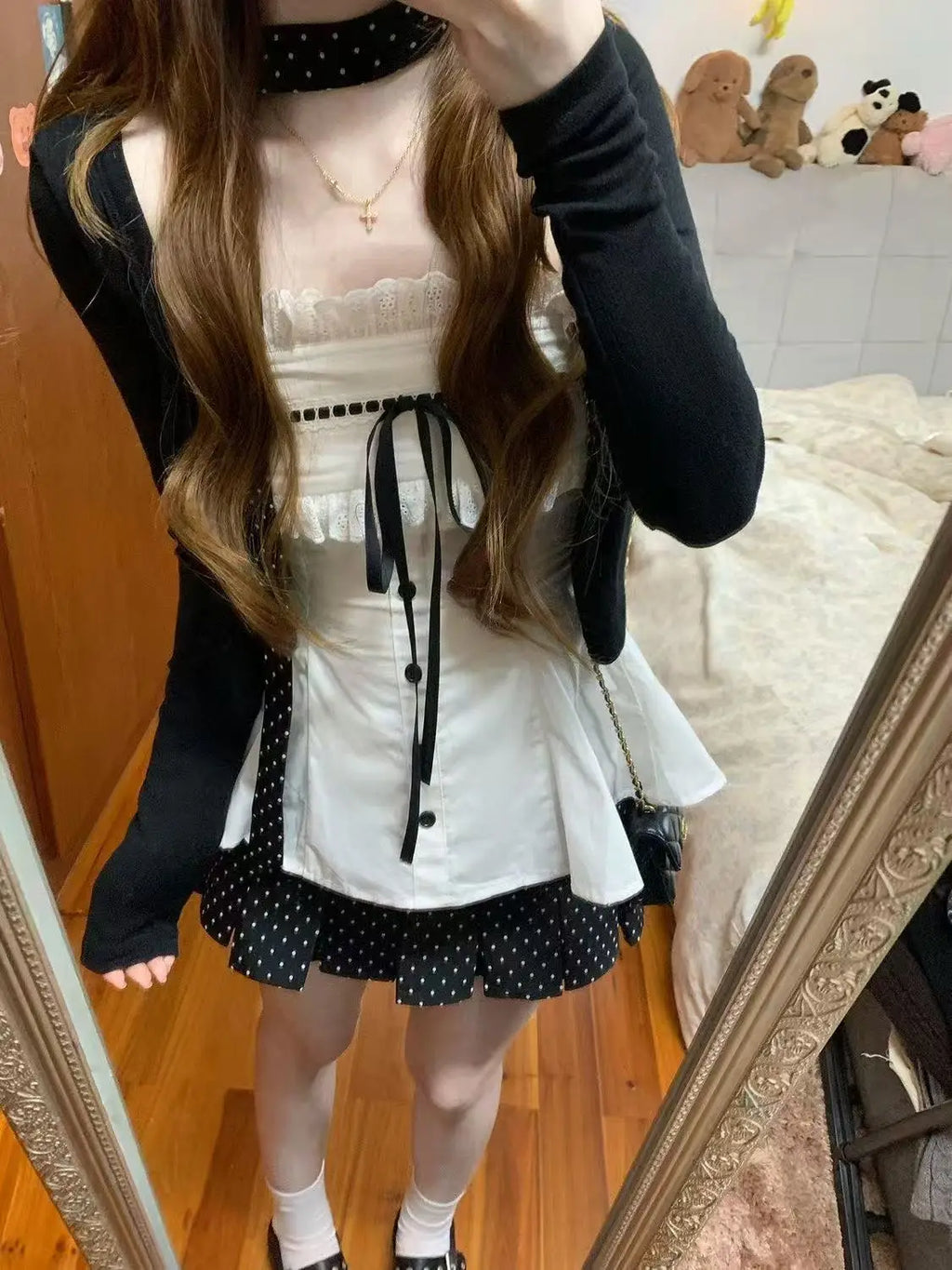 Cardigan Jacket + Lace Bow Camisole Top + Mini Skirt Sweet Three-piece Set