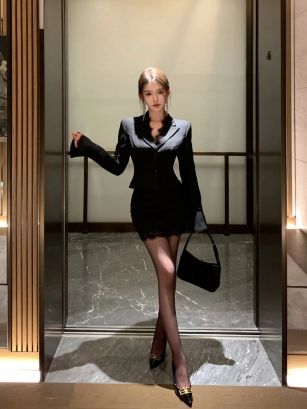 Women's Lace Splice Blazer & Mini Skirt Two-Piece Set