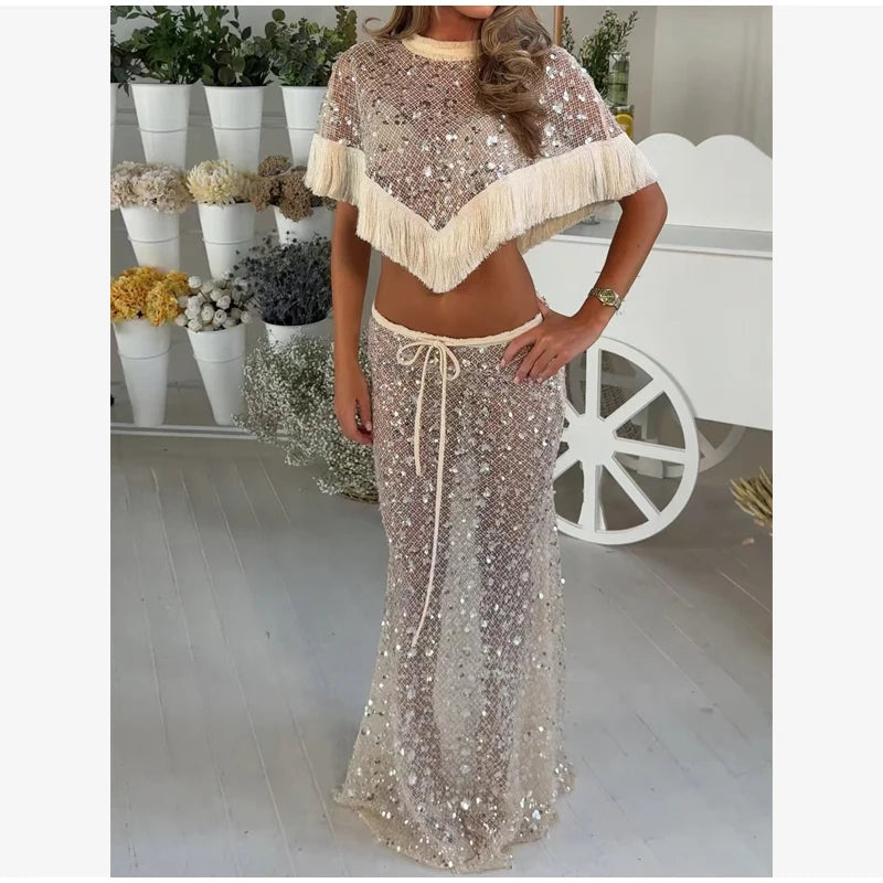 Sequin Tassel Mesh drawswing maxi
