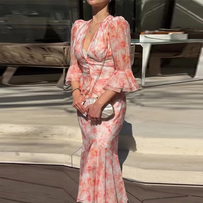 Floral peplum chiffon maxi