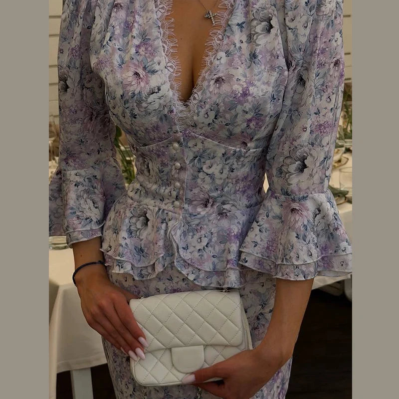 Floral peplum chiffon maxi