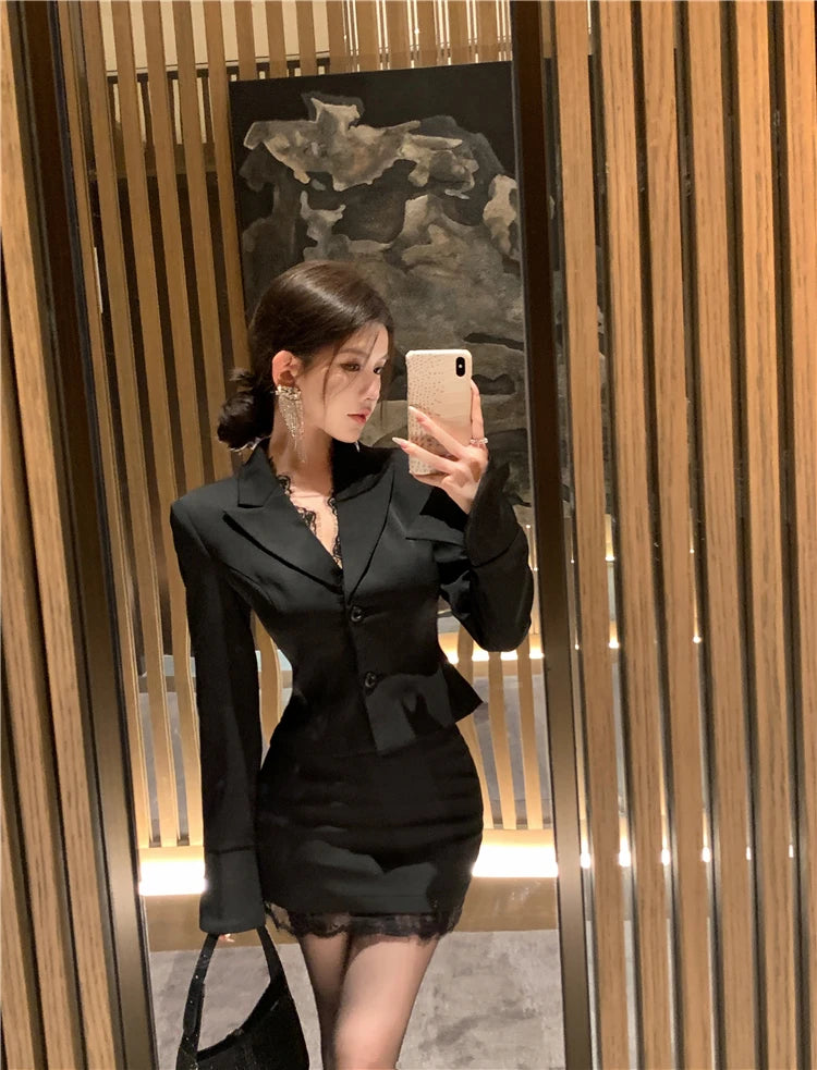 Women's Lace Splice Blazer & Mini Skirt Two-Piece Set