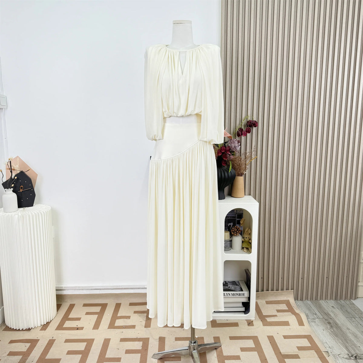 Women's Puff Sleeve O-Neck Top & Ankle-Length Skirt Two-Piece Set