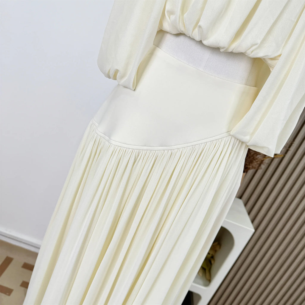 Women's Puff Sleeve O-Neck Top & Ankle-Length Skirt Two-Piece Set