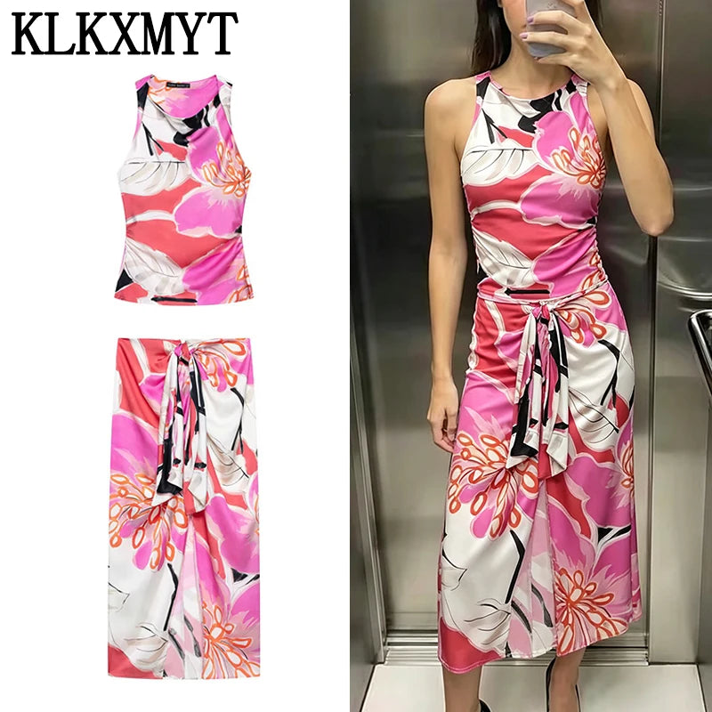 Women's Satin Printed Midi Skirt with Elastic Waist