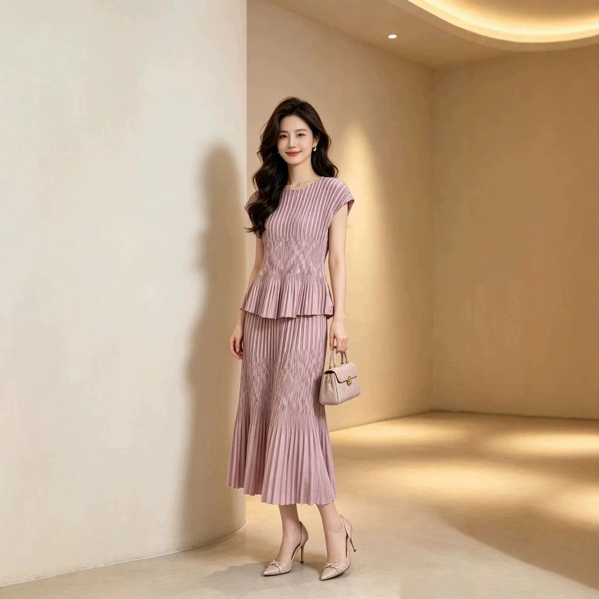 Miyake Japanese Ruffled Round Neck Elastic Waist dress