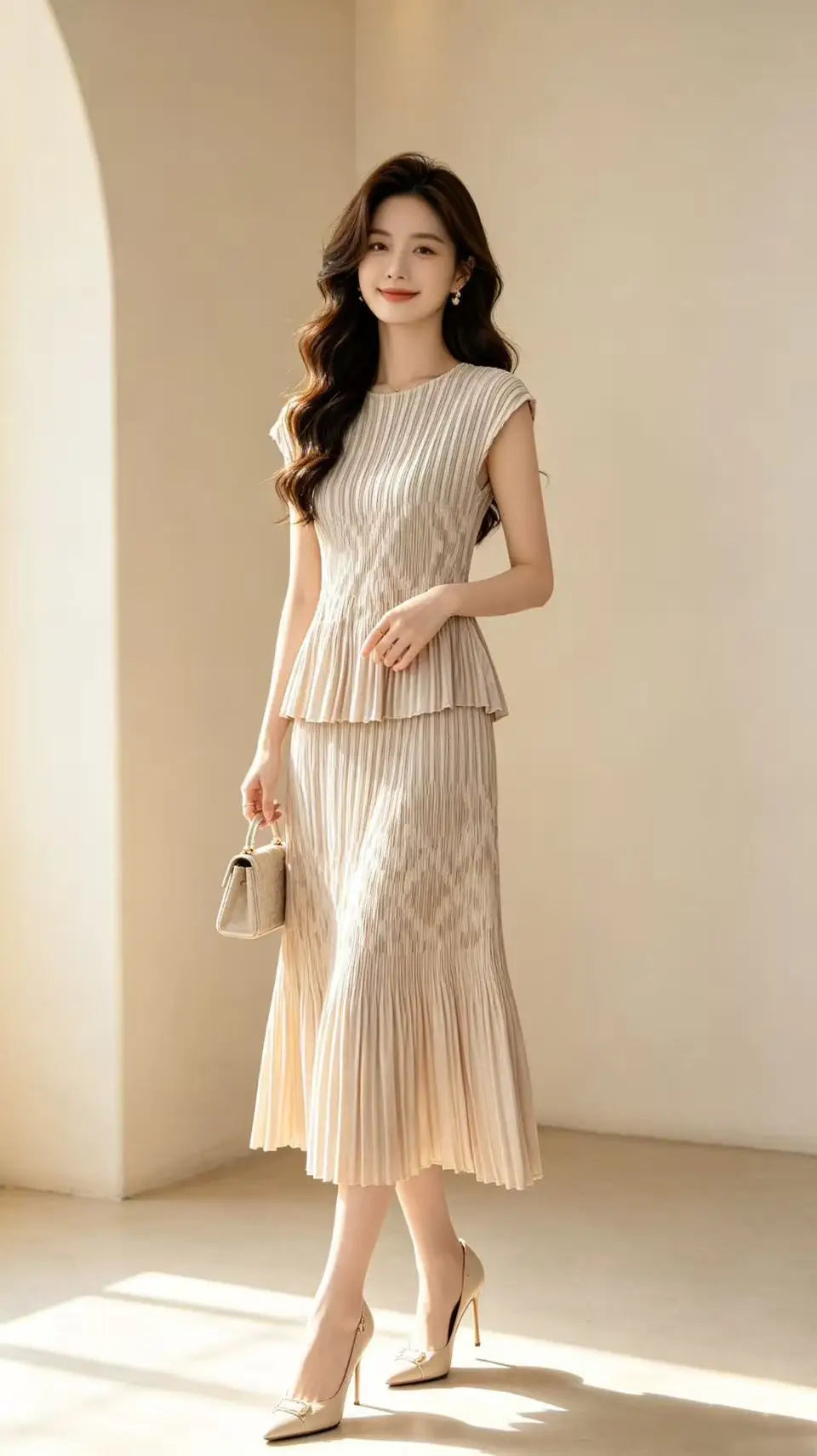 Miyake Japanese Ruffled Round Neck Elastic Waist dress