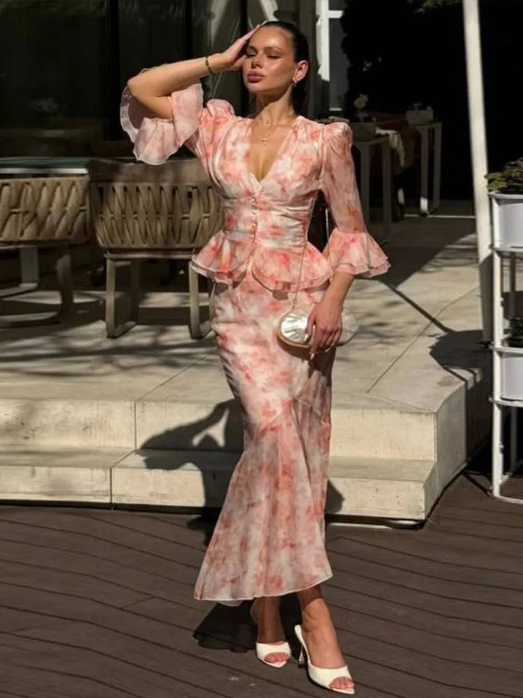 Floral peplum chiffon maxi
