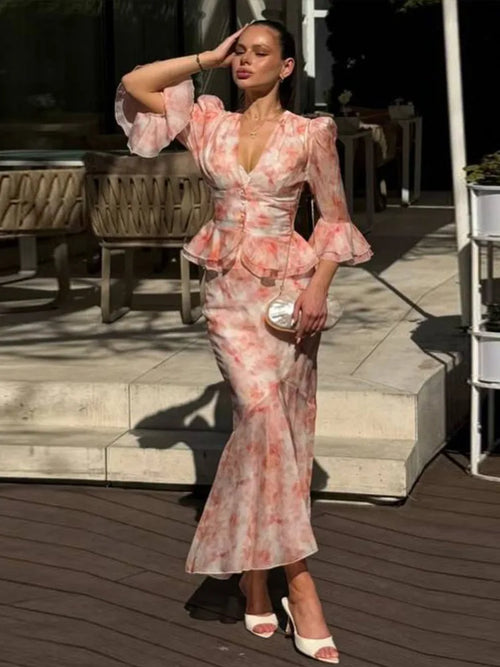 Floral peplum chiffon maxi