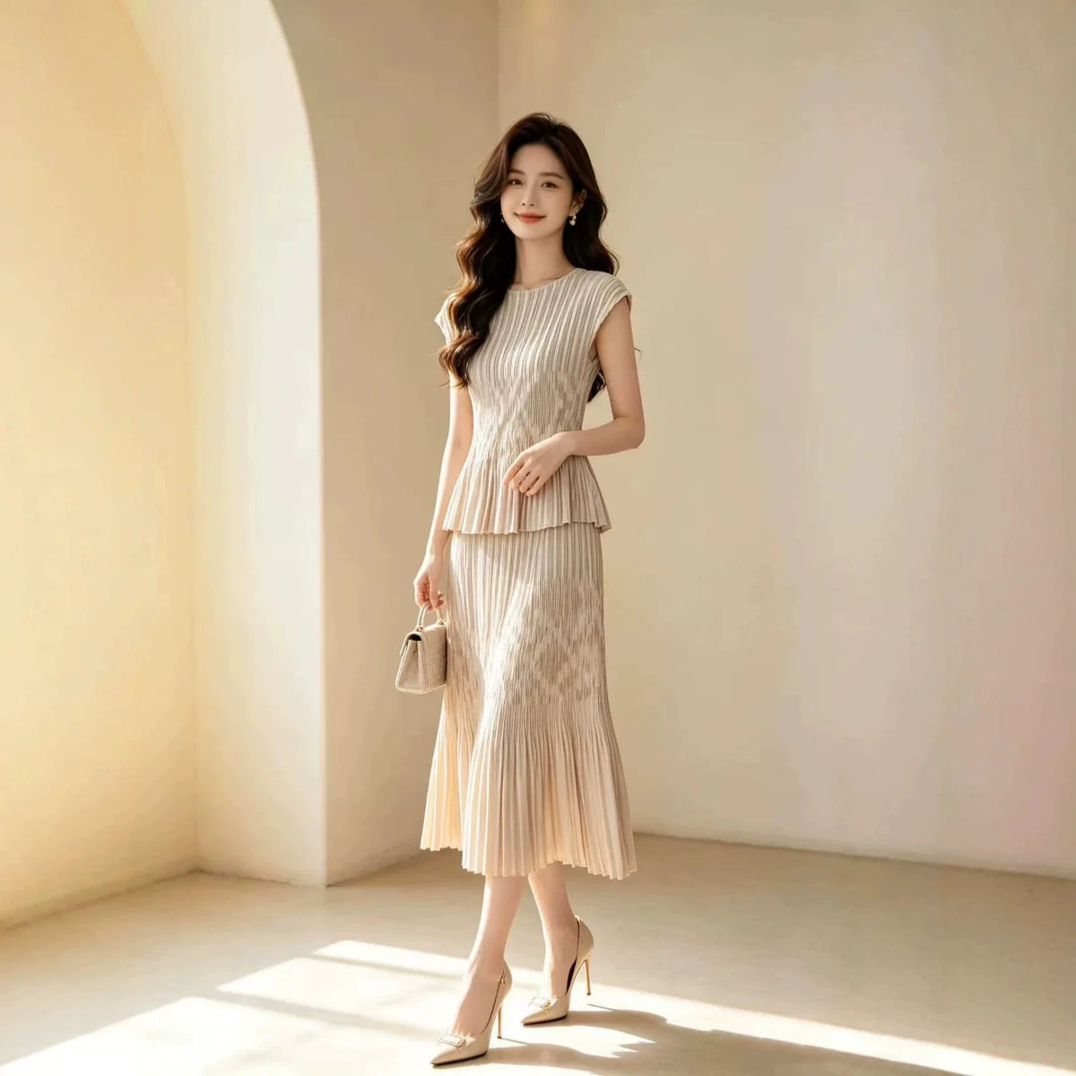 Miyake Japanese Ruffled Round Neck Elastic Waist dress