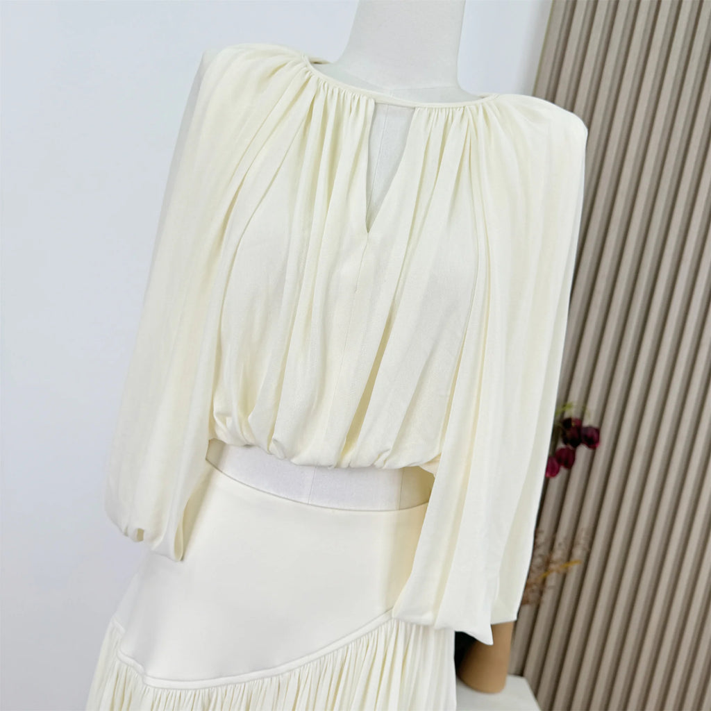 Women's Puff Sleeve O-Neck Top & Ankle-Length Skirt Two-Piece Set