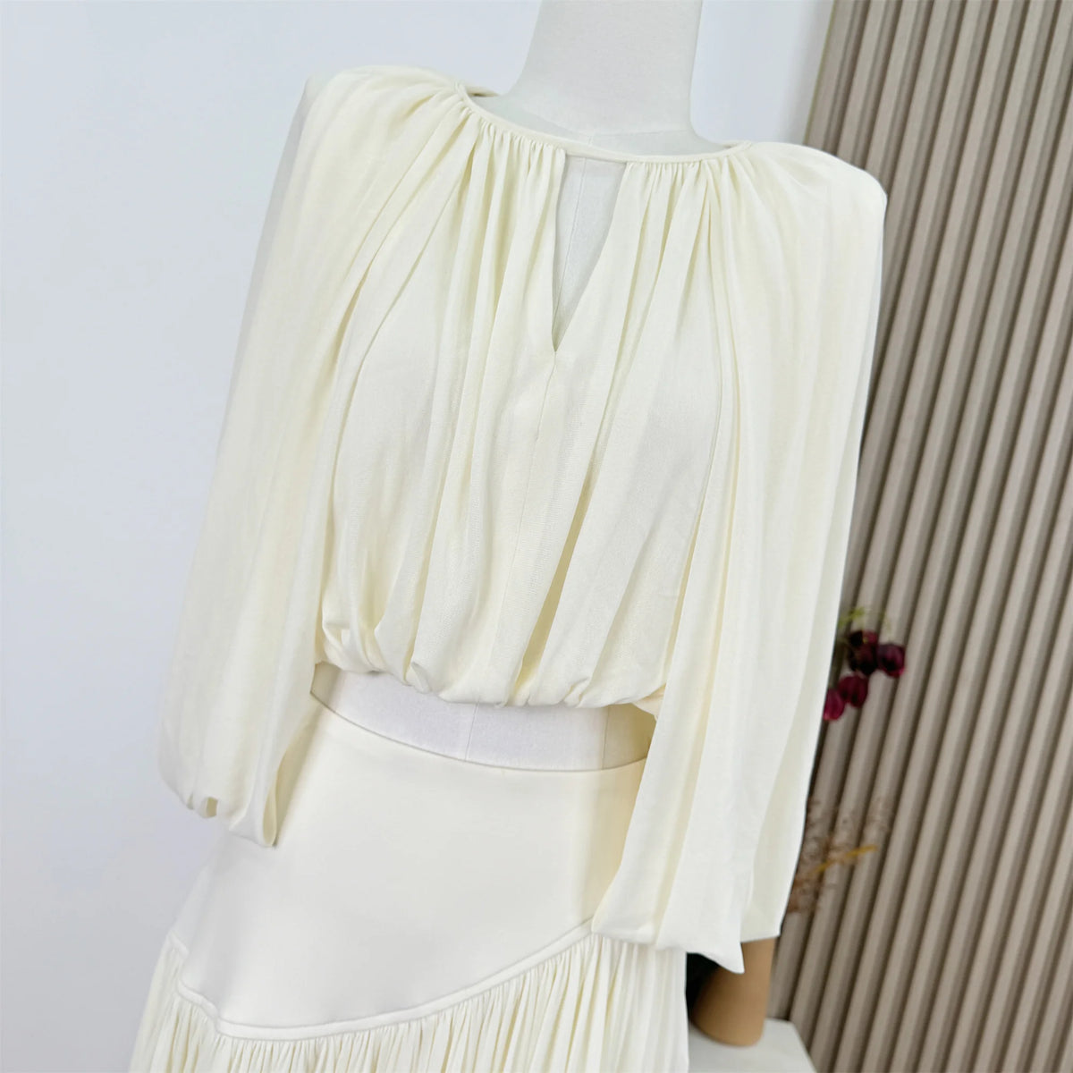Women's Puff Sleeve O-Neck Top & Ankle-Length Skirt Two-Piece Set
